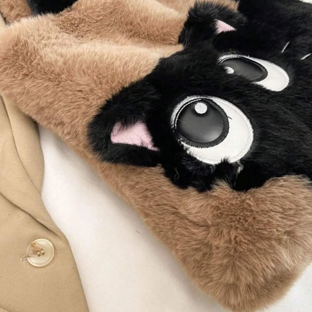 Furry Embroidery Coffee Brown cute Shoulder Tote Bag High-capacity,